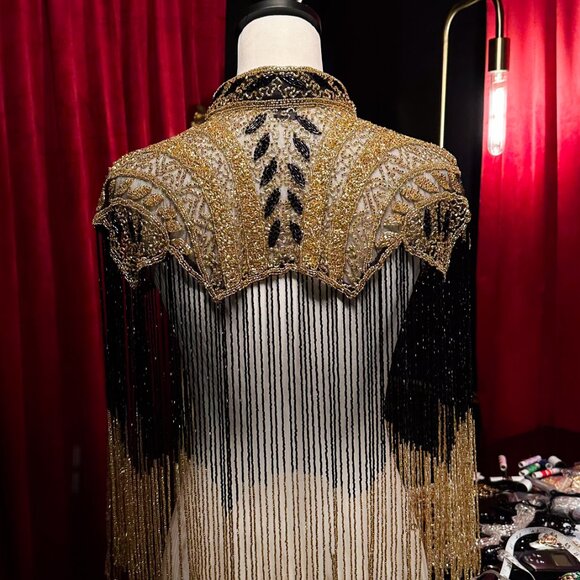 Black Gold Beaded Fringe Cape, Sequin Festival Bolero, Luxury Embellished Shawl - Picture 12 of 12